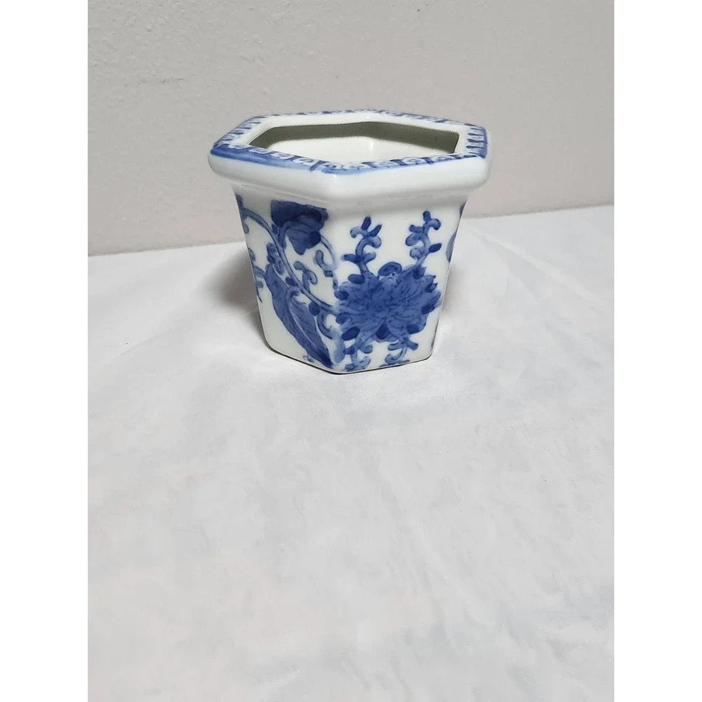 Blue and White Ceramic Hexagonal Planter Floral Chinoiserie Mini Succulent Pot